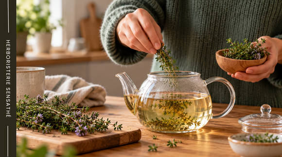 Préparation d'une infusion de thym frais dans une théière en verre, pour illustrer son utilisation traditionnelle en cas de toux et de rhume - Herboristerie Sensathé Préparation d'une infusion de thym frais dans une théière en verre, pour illustrer son utilisation traditionnelle en cas de toux et de rhume - Herboristerie Sensathé